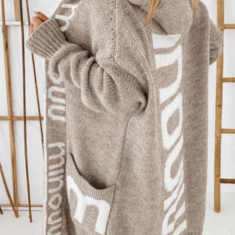 Cardigan à capuche pour femme, pull avec lettres imprimées, ample, mi-long, manteau tricoté, automne-hiver, décontracté, Streetwear, ouvert sur l