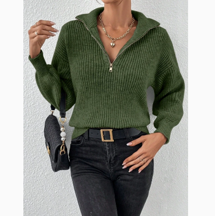 Designer Style New Arrival High Quality Women's Solid Color Knit Polo Sweater Zip Up Long Sleeve Loose Casual Pullover Top for Fall Winter 2025