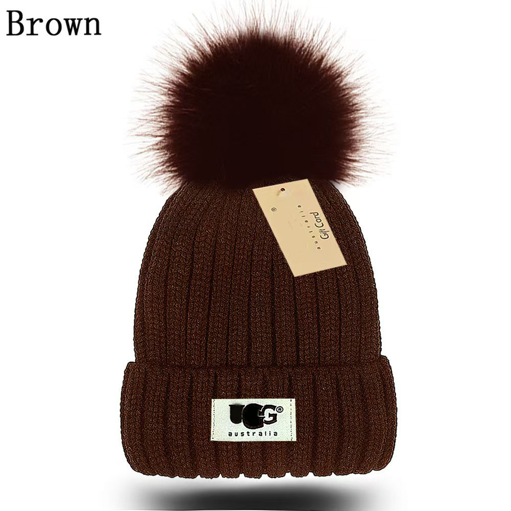 High quality UG Pom Pom Men's Ribbed Beanie for men women luxury designer Brown Wool knit hat 2026 Winter Warm Skiing Hats