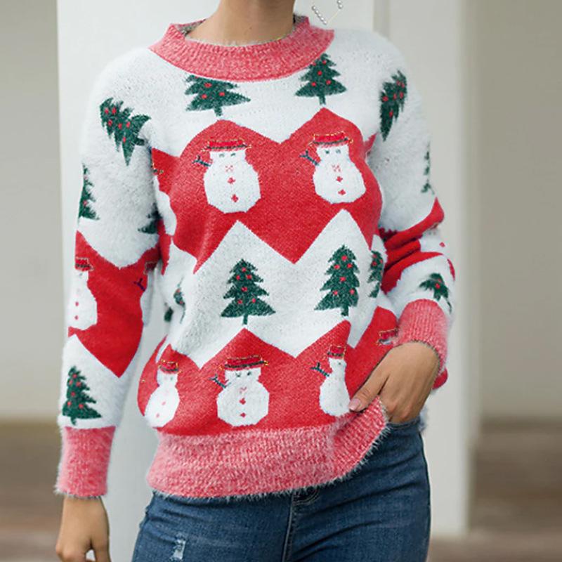 Femmes Noël Bonhomme De Neige Pull Col Rond Manches Longues Lâche Pull Décontracté Top En Tricot Hiver 2026 Faux Vison Rouge Rose Bleu Violet S-X
