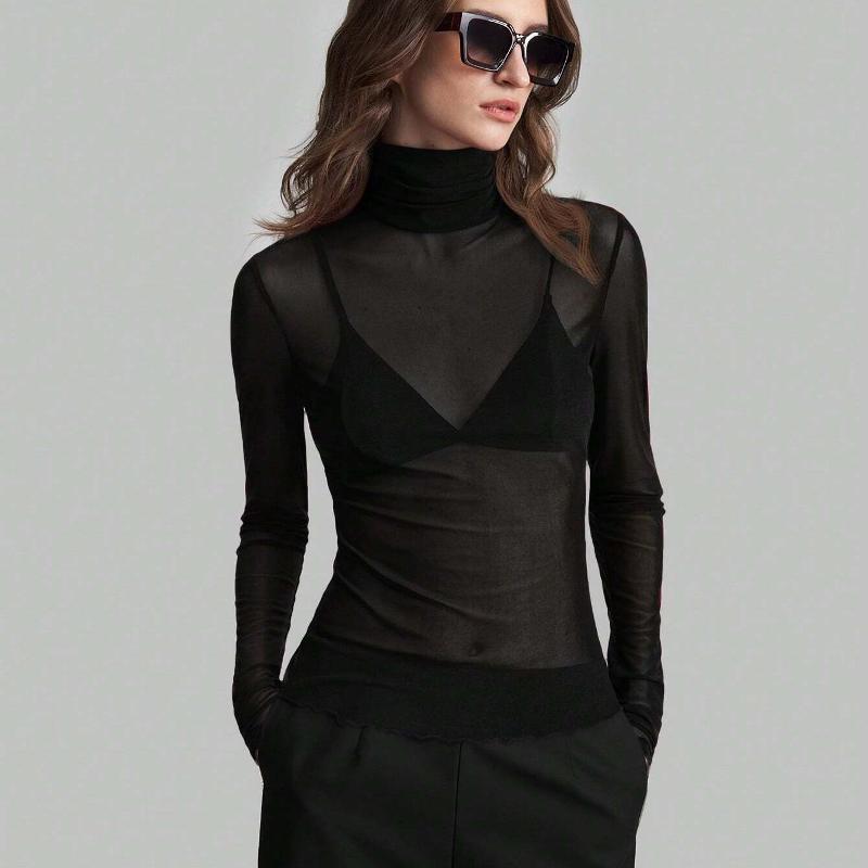 Designer Bestseller Women's Solid Color Mesh Slim Fit Long Sleeve Mock Neck Blouse Elegant Commute Office Top Autumn Winter
