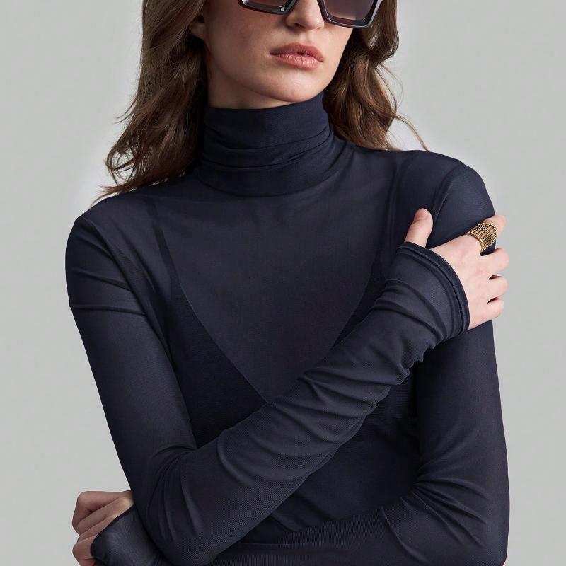 Designer Style New Arrival High Quality Women's Solid Color Mesh Slim Fit Long Sleeve Mock Neck Blouse Elegant Commute Office Top Autumn Winter
