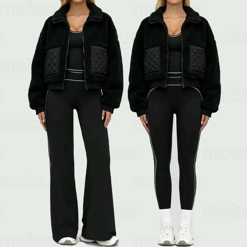 Designer Fleece Lamb Sherpa Jackets Women Autumn Winter Hoodies Stand Collar Patchwork Zipper Warm Coats Yoga Sports Pants Set Gym set
