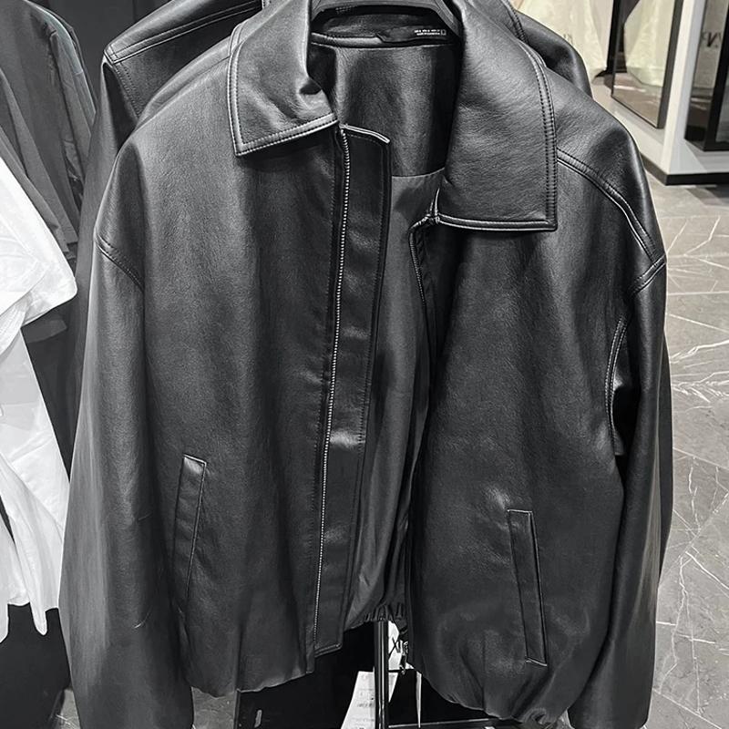 Designer Men's Faux Leather Jacket PU Loose Fit Casual Zip Up Lapel Collar Long Sleeve Solid Black Autumn Outerwear with Pockets