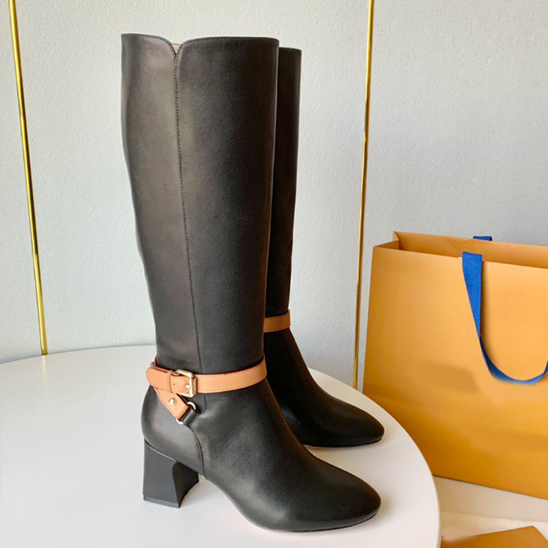 Designer Cowhide Zipper Half Boots Winter Fashion Chunky Heel Round Toe Double Buckle Decor Side Zip Knight Boots Made In Italy