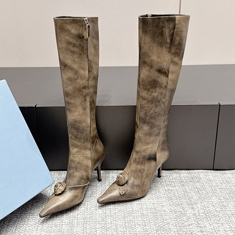 Sexy Ladies Pointed Toe Zipper High Heeled Boots Winter New Gradient Two Tone Cowhide Fashion Boots 3D Flower Decoration Party Fashion Elegant Style