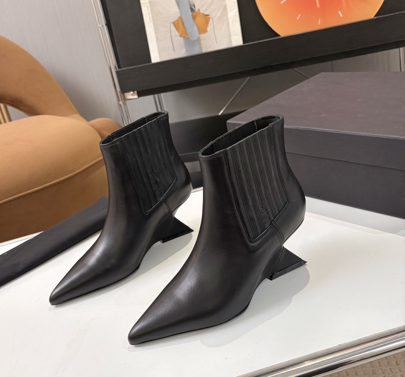boot woman designer wedge point toe matte leather ankle chelsea luxury comfortable yellow black green work office vintage retro fashion casual moder