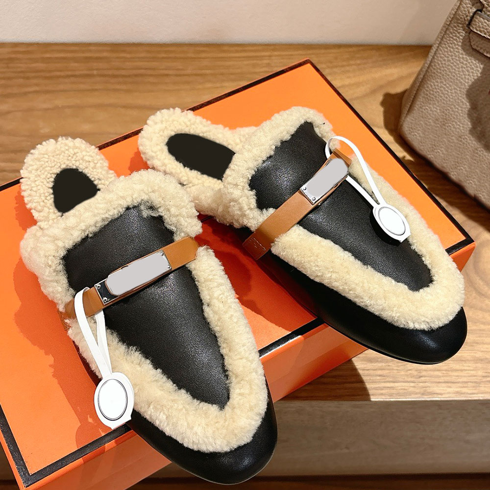 Oz Mule Womens Designer Goatskin And Shearling Mule H261060Z Upper Palladium Plated Buckle Open Back Mule Warm Comfort Autumn Winter Mule Shearling