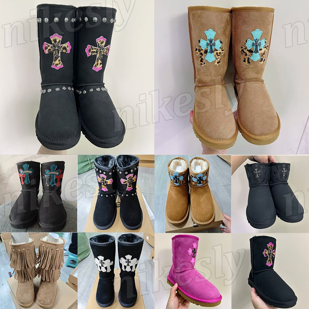 Snow Boots Warm Fleece Lined Thick Sole Winter Boots for Women Men Punk Chrome Boot Design Metal Rivet Studded Patch Embroidery Black Chestnut Pink