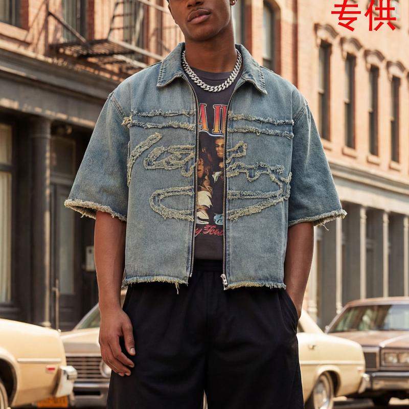 Designer Best-seller Veste en jean vintage en détresse pour hommes Brodé Lâche Court High Street Zip Up Col à revers Été Vêtements d'extérieur dé