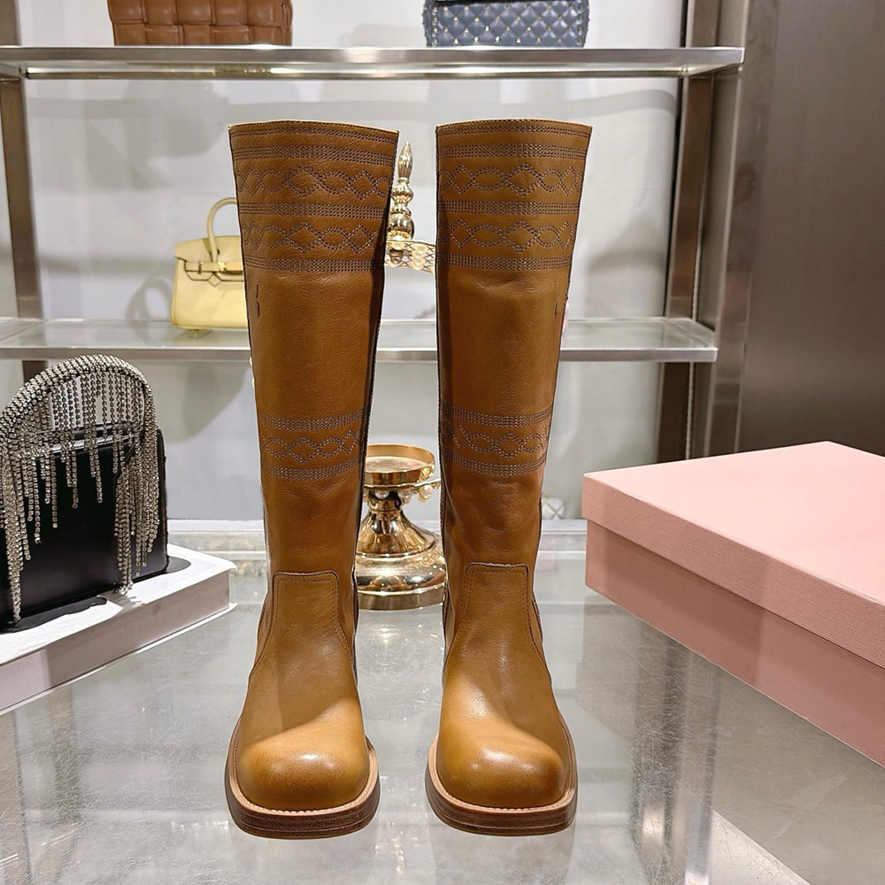 Embroidered Leather Boots Luxury Designer Knee High Boot 5W765E Upper Signature Logo Womens Knee Boot Fashion Brand Autumn Winter Boot Height 5cm Ru