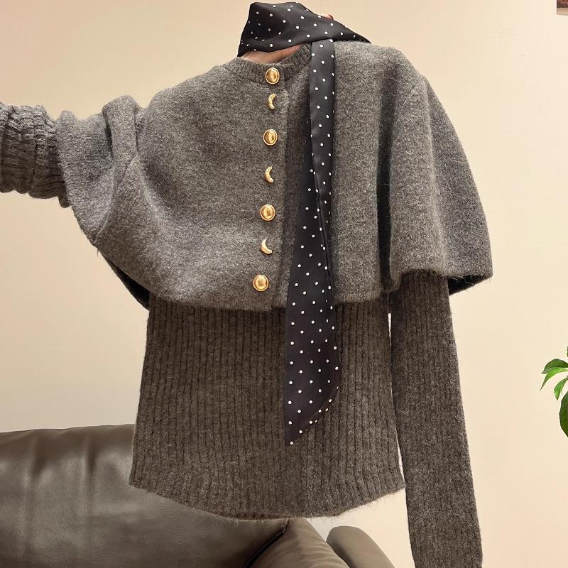 Designer Style High Quality Women 2 Piece Knit Sweater Set Solid Color Cape Poncho with Slim Fit Pullover Top Long Sleeve Round Neck Korean Style Au