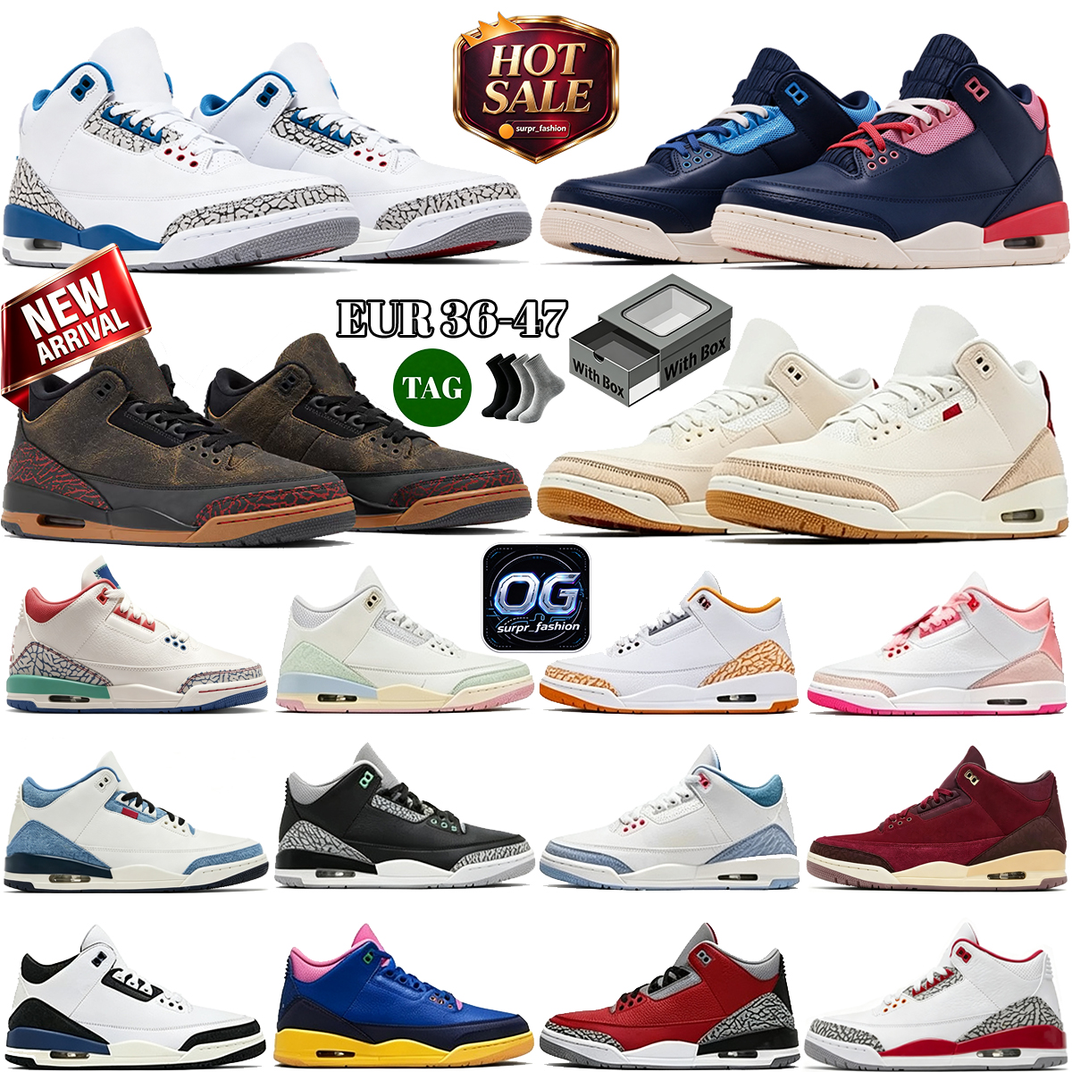 2026 with box 3 3s Basketball Shoes 23 Orange Citrus Worlds Best Dad True Blue Pure Money White Black Cement Family Affair Black Cat Men Womem train
