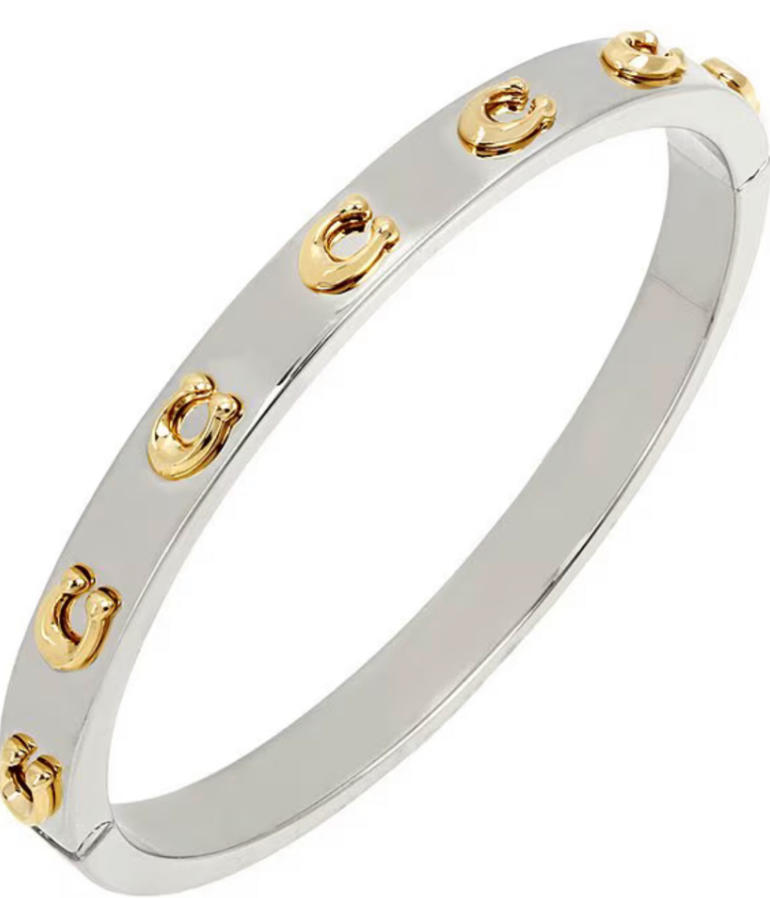 Silver with Gold Letters Hinged Bangle Bracelet for Women Silver Base with Gold Pattern Classic Designer Inspired Stackable Cuff Bangles Bracelets J