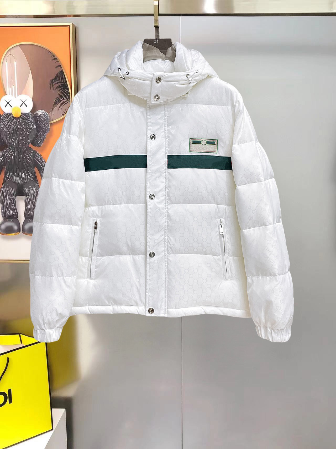 High quality designer unisex white hooded down jacket, full body letter print, red and green mesh stripe logo patch, winter warm jacket