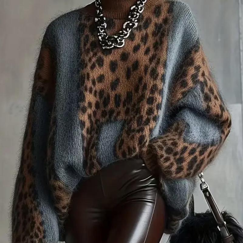 Designer Best-seller Femmes Imprimé Léopard Pull En Tricot Automne Hiver Épais Lâche Col Haut Pull Casual Rétro Tops Surdimensionné Jumper