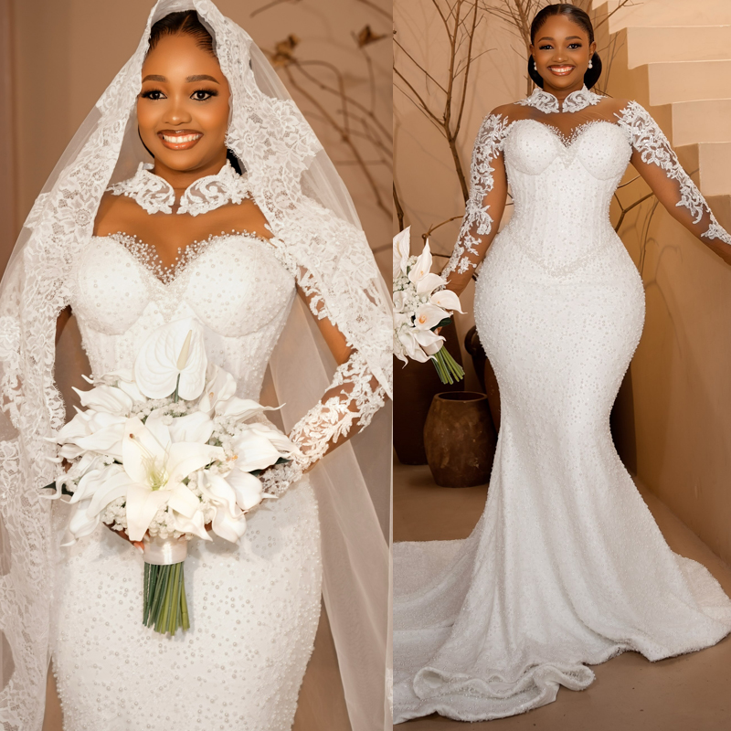 Plus Size Arabic Off White Wedding Dress Bridal Gowns For Bride Mermaid Wedding Gowns Pearls High Neck Tiers Beaded Lace Rhinestones Bridal Dress Fo