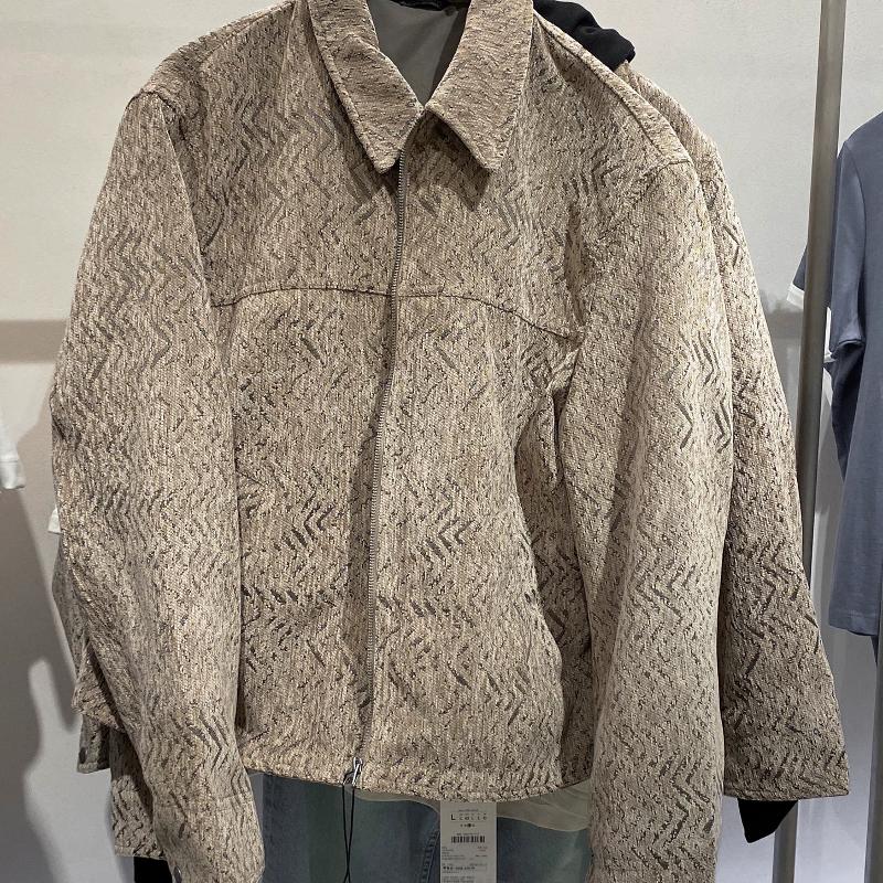 Design Men's Loose Fit Jacquard Jacket Beige Geometric Pattern Lapel Collar Zip Up Long Sleeve Casual Outerwear Spring Autumn Winter