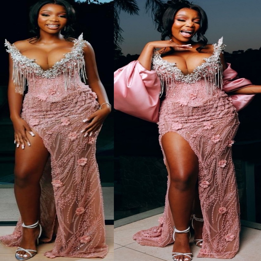 Aso Ebi Nigerian Mermaid Blush Pink Prom Dress 2026 Flowers Crystals High Split Evening Dresses Birthday Formal Party Reception Second Long Dinner D