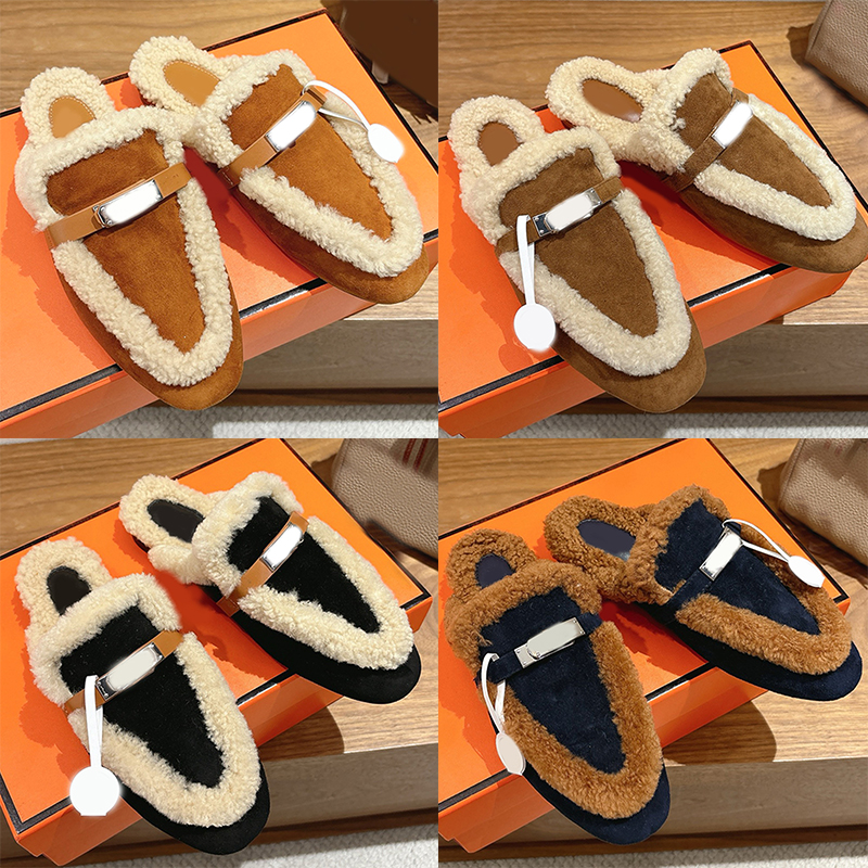 Feminine Designer Suede Goatskin Oz Mule Luxury Inner Shearling Slippers Metal Deduct Decoration Suitable Winter Leisure Travel