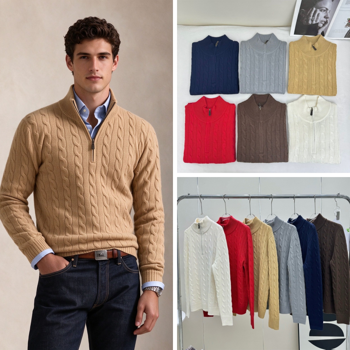 polo quarter zip man 100% pure wool half zipper sweater Embroidered Design Mens Sweaters vintage Pullover polo sweaters man