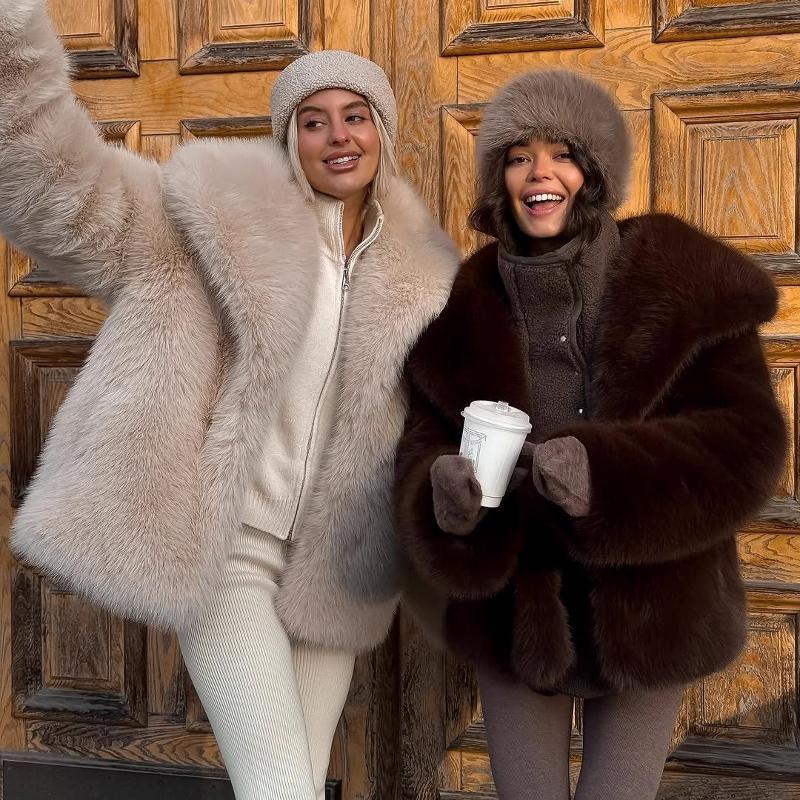 Designer Women Fluffy Faux Fur Coat Turn Down Collar Long Sleeve Solid Color Autumn Winter Warm Outerwear Casual Streetwear