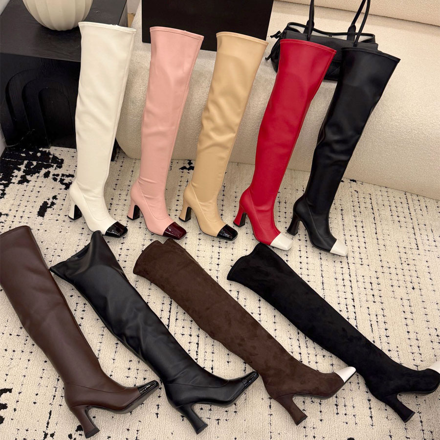 Top quality Elastic boots Classic real Leathe Trendy chunky heels Thigh High Boots tall boots ladies Luxury fashion boots designer long boot for wom
