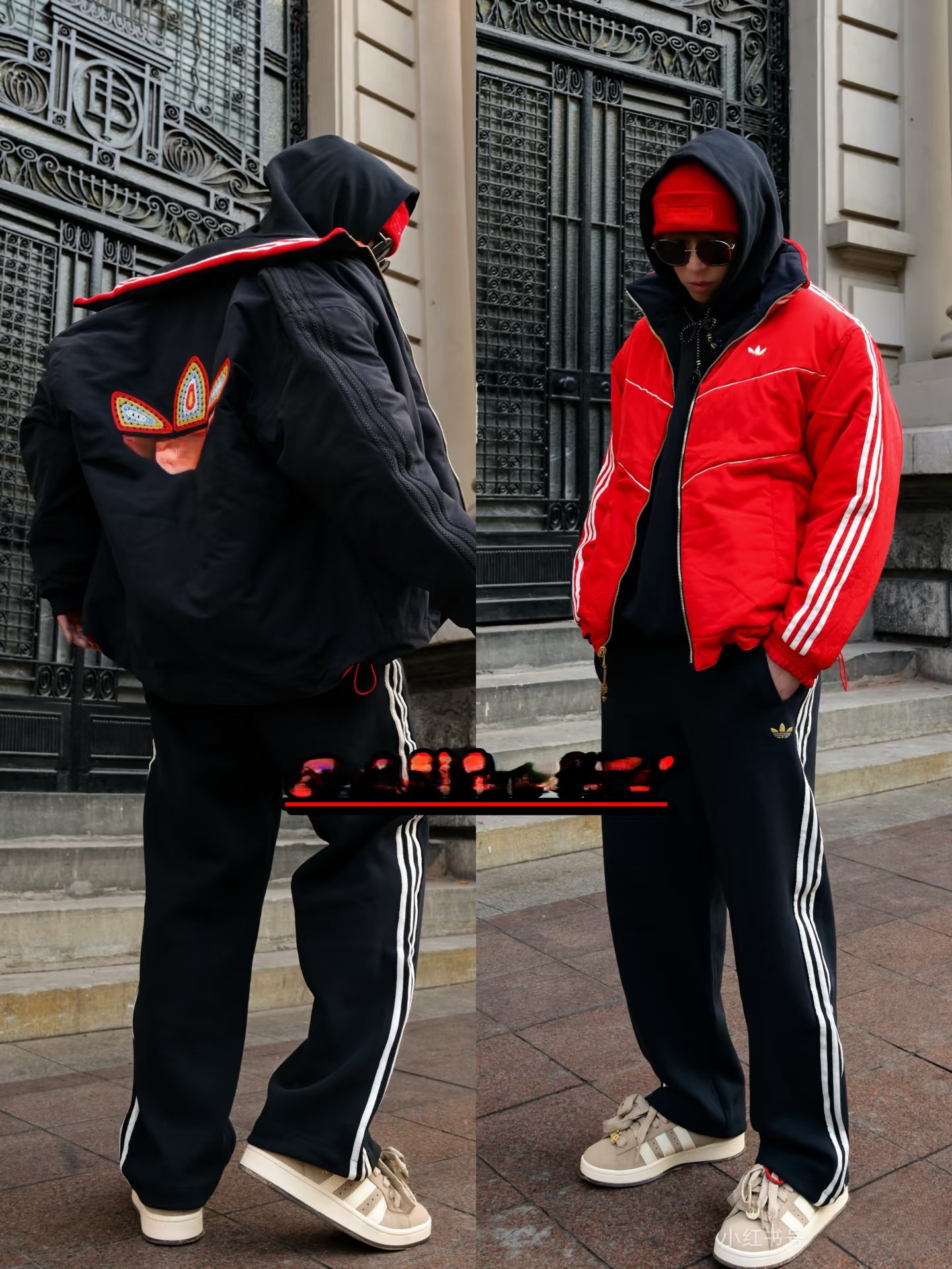 American Clover High Street Trendy Black and Red Contrast Two Sided Jacket, Casual Versatile Warm Down Jacket, Unisex Stand up Collar, Long Sleeve