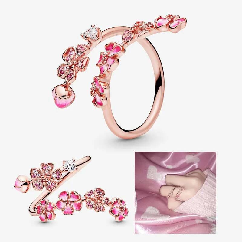 Pink Peach Blossoms Open Ring 18K Rose Gold RING for PAN Designer Jewelry Women Gift Luxury Silver flowers rings with Original Box set