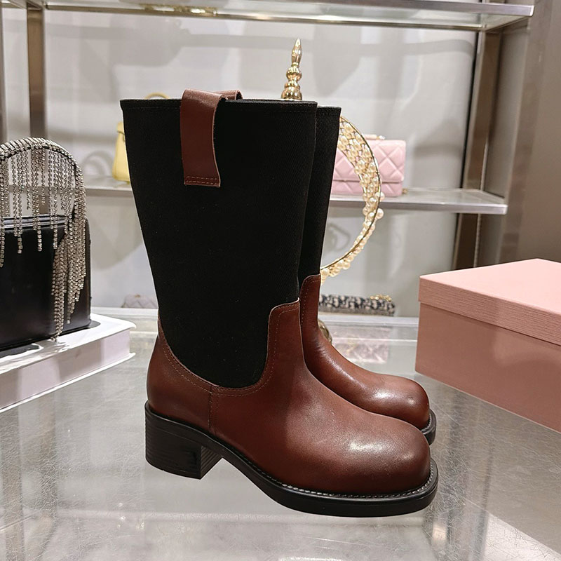 Ladies Leather And Drill Mid Calf Boots Womens Leather Lining Calf Boot Designer Square Circle Knight Boots Patchwork Classic Half Boot Rubber Outso