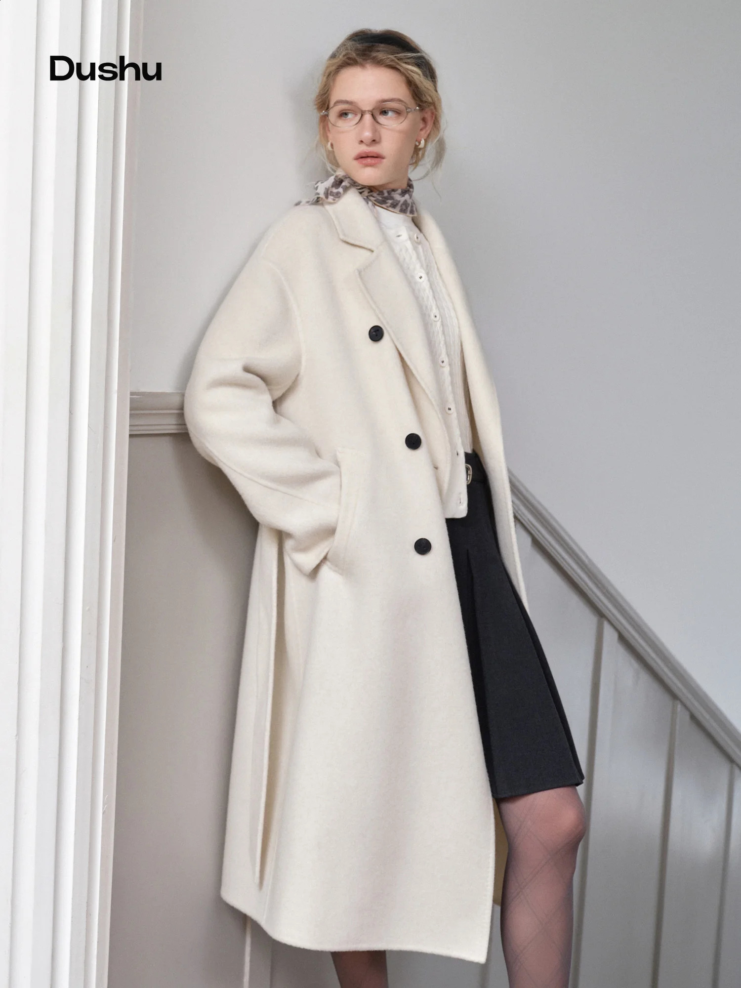 DUSHU Women's Classic DoubleFaced Cashmere Blend Coat Korean Minimalist Vibe Style 2026 Winter Elegant Solid Wool Outerwear 260929
