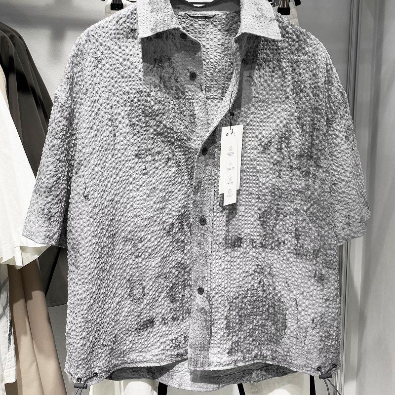 High-quality productsb Men's Summer Waffle Textured Short Sleeve Button Down Print Shirt Loose Fit Casual Daily Top Breathable Lightweight