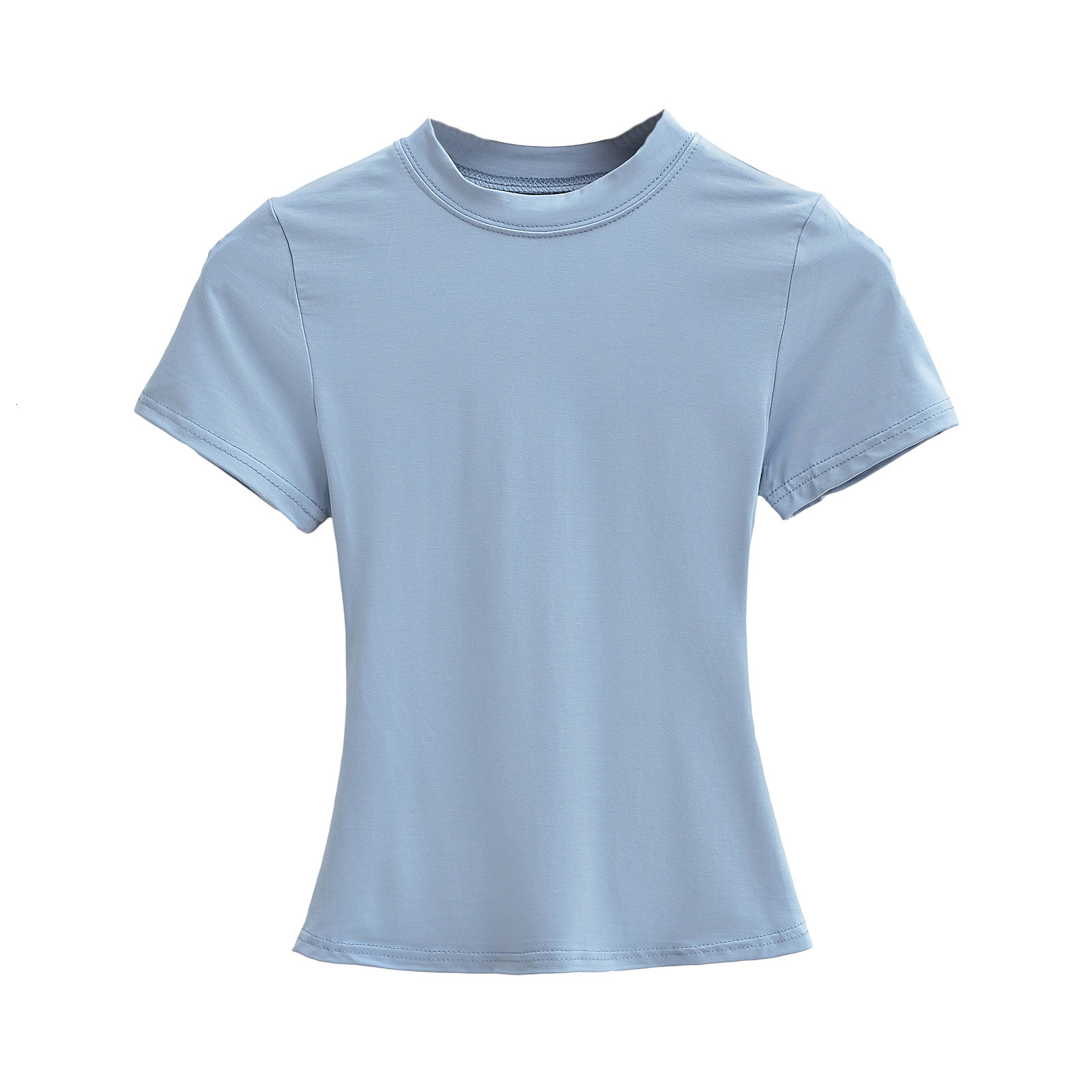 Solid Color Round Neck Stretch Regular Shoulder 2024 Summer New Basic Waist-Cinching Short Sleeve T-Shirt