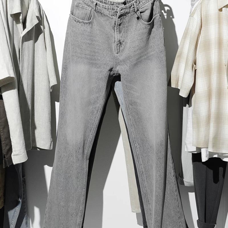 Men's Washed Cotton Casual Flared Jeans, Slim Raw Edge Casual Denim Trousers, Black/Grey/Light Blue, Vintage Style