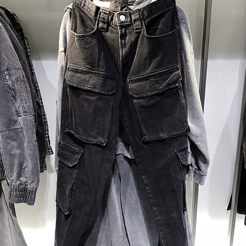 Jean Cargo ample multi-poches pour hommes, pantalon en Denim noir à jambe droite, pantalon Streetwear décontracté d'automne, marchandise de haute