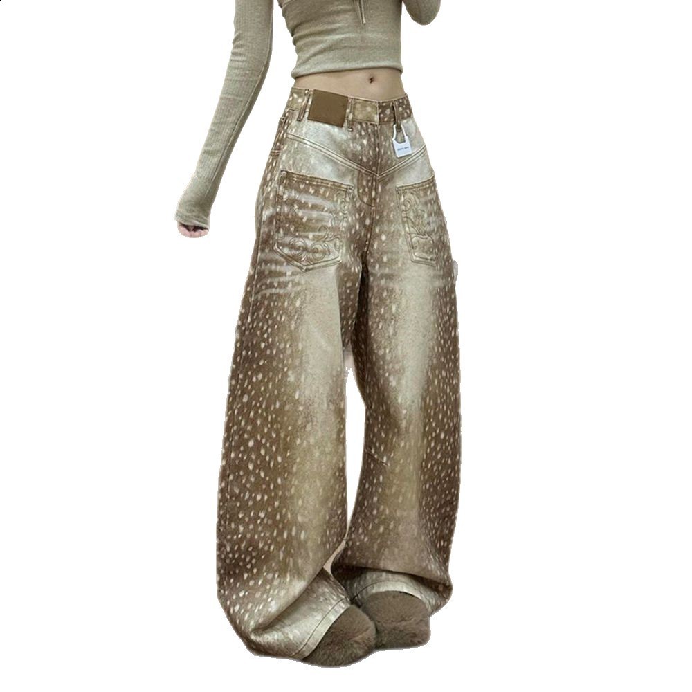 Womens Jeans Spring Retro E Girl Jeans Color Block Embroidered Distressed Deer Polka Dot Print Wide Leg Floor Length Pants 260609