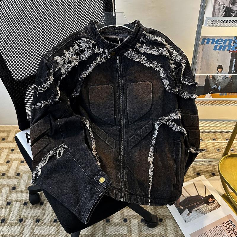 Designer de haute qualité hommes vintage denim veste col montant épaule rembourrée effilochée bord brut coupe ample zippé printemps automne stree