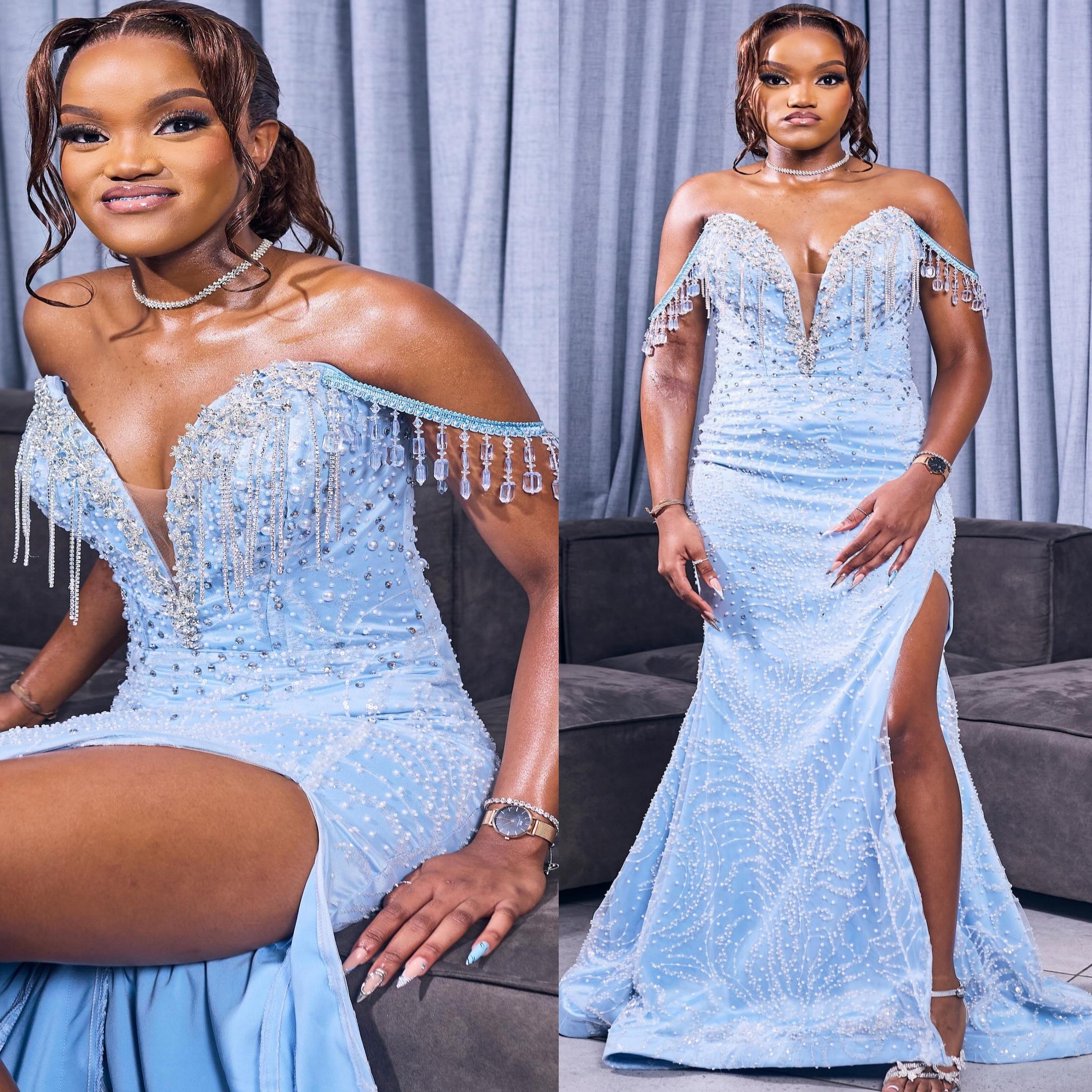 Aso Ebi Light Sky Blue Mermaid Prom Dress 2026 Crystals Tassels Sequined Lace Evening Dresses Birthday Formal Party Reception Second Long Dinner Dre
