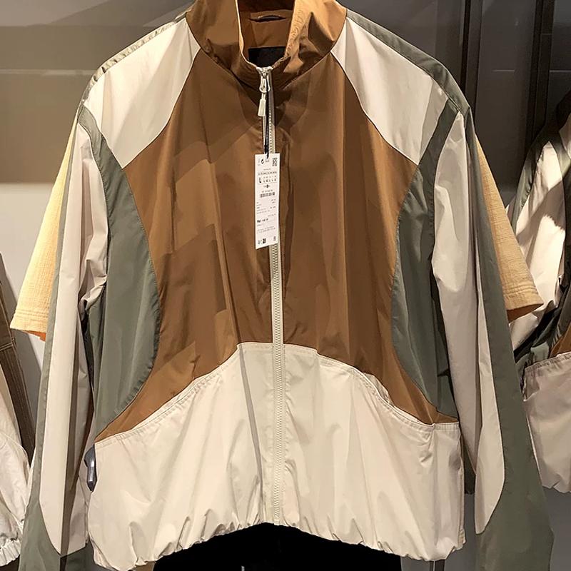Manteau de créateur pour hommes, automne, tissu technique, col montant, veste zippée, bloc de couleur, patchwork, coupe ample, anti-rides, mantea