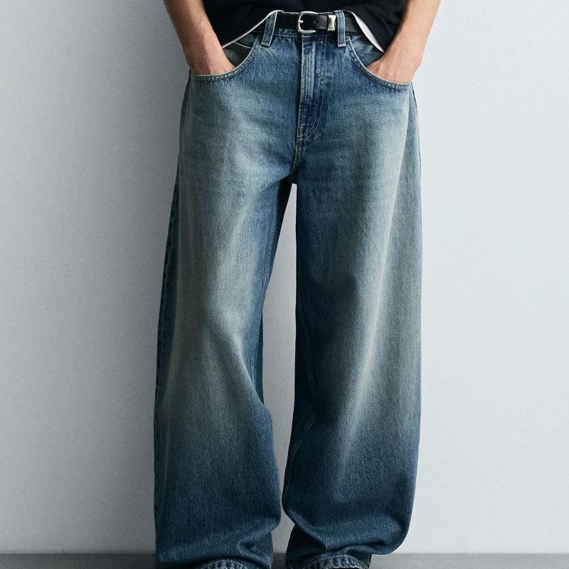 Designer Men's Loose Washed Jeans, Curved Wide-Leg Balloon Fit Casual Straight-Leg Trousers, Solid Color Cotton Pants for Autumn