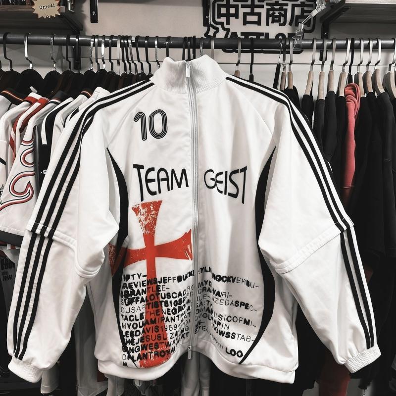 Designer Surdimensionné Streetwear Vintage Américain Rétro Col Montant Zip Up Sweat Veste Punk Rock Streetwear Croix Imprimé Manches Longues Blan