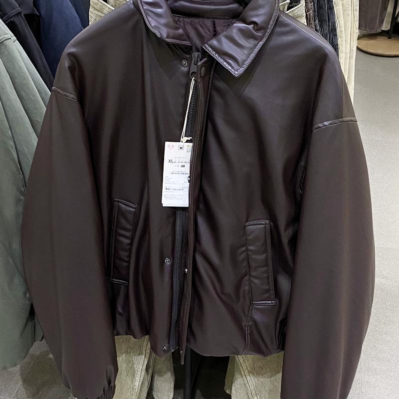 Designer Men's Faux Leather Short Padded Jacket Winter Thick Loose Fit Zip Up Lapel Collar Solid Coat With Pockets Dark Brown