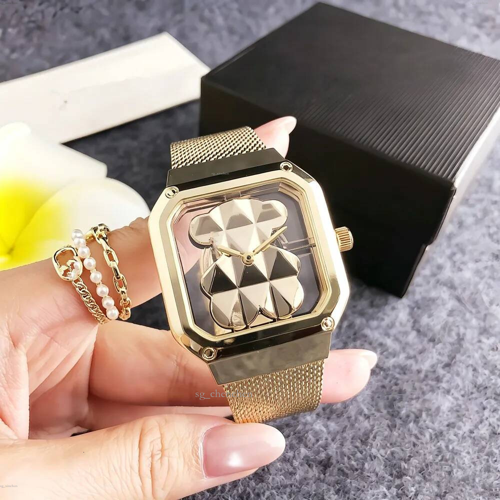 Mode Femmes Hommes Argent Or En Acier Inoxydable Ours Lettre Carré Blanc Zircon Montre Électronique Fil Bracelet Pulsera Span Bijoux