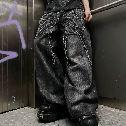 Designer Graphic Y2K Phantom Spider 3D Print Jeans Hip Hop Streetwear Gothique Vintage Lâche Jambe Droite Noir Denim Pantalon pour Hommes Femmes