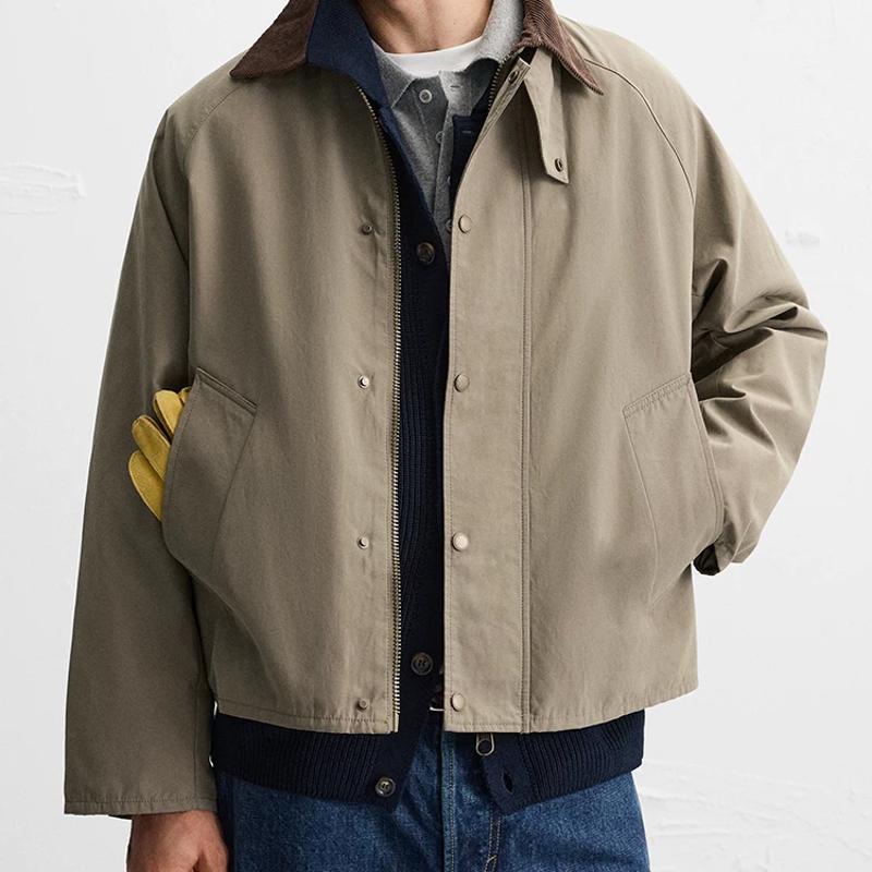 Design Men's Corduroy Spliced Casual Jacket Loose Fit Zip Up Lapel Collar Light Brown Cotton Blend Spring Autumn Outerwear