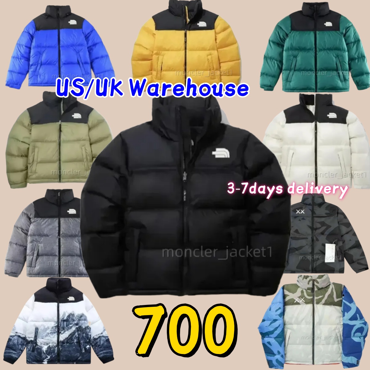 anorth face 700 Unisex Hip Hop Streetwear Puffer Jacket Stand Collar Winter Warm Bubble Coat Windproof Quilted Outerwear US Warehouse Fast Shipping