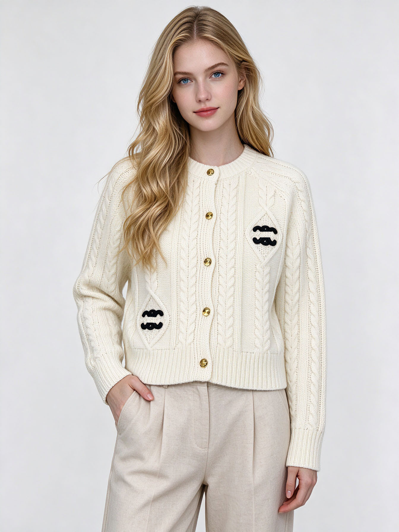 Women's cardigan with twisted letter embroidery and knitted design, suitable for European style in autumn and winter, with a pocket on the fron