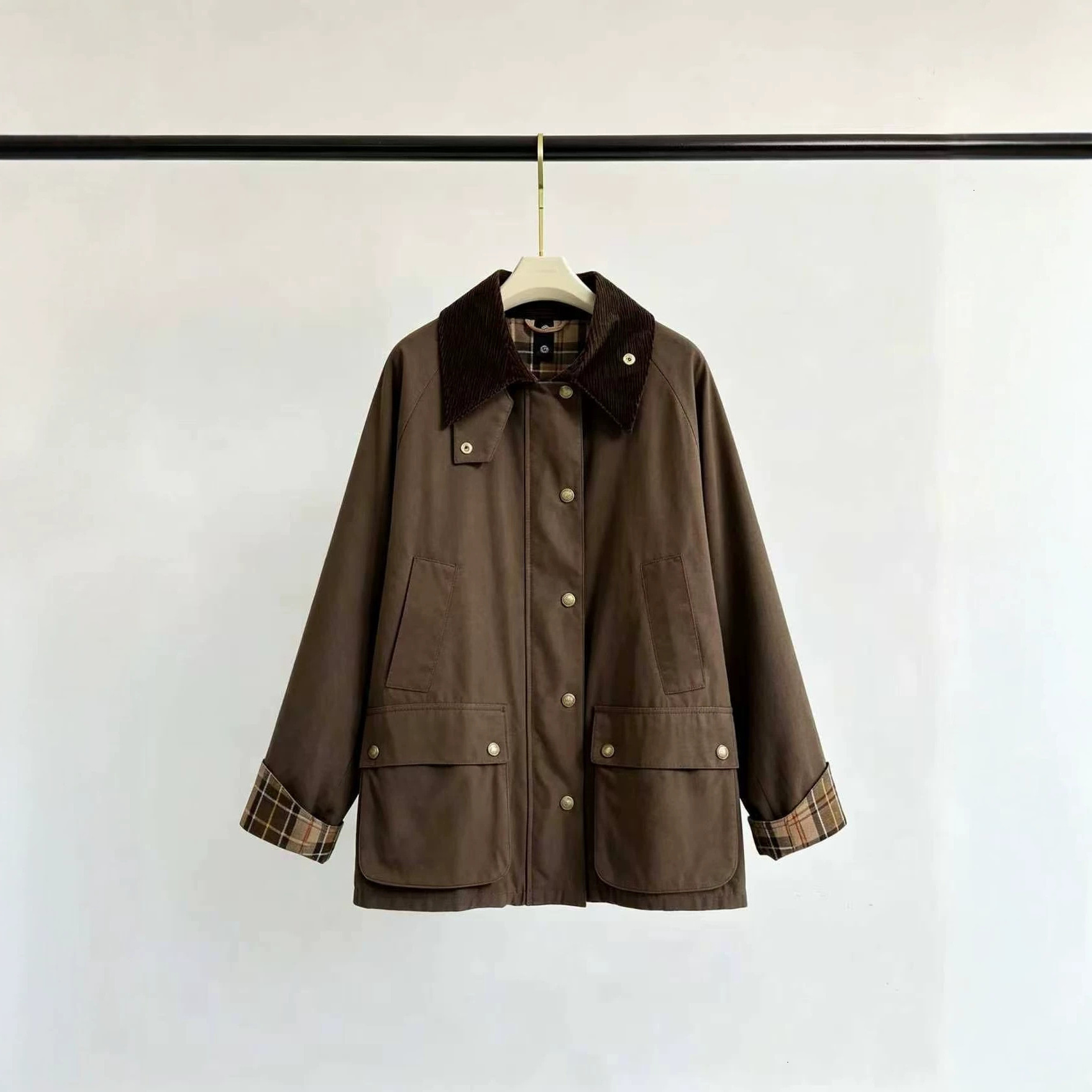 barbourjackets womens waxed cotton jacket cordury collar barbour-style wax jacket Spring Autum Batik Dye Barb Loose Zipper Up Outdoor Hunting Jacket
