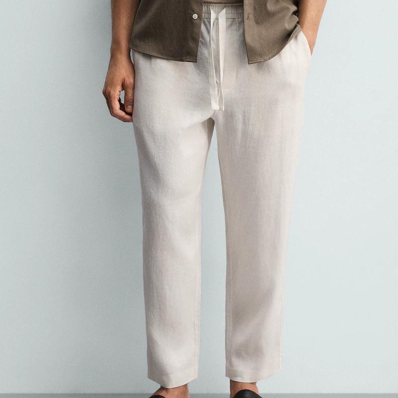 High-Quality Men's Designed Summer Cotton-Linen Casual Pants, Loose Fit, Drawstring Elastic Waist, Straight, Breathable Solid Color Long Trouse