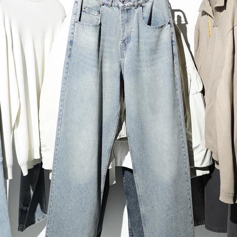 High-quality products Men's Cotton Washed Denim Jeans Loose Straight Leg Wide Leg Casual Pants Multi-Pocket Zip Fly All-Season Trousers